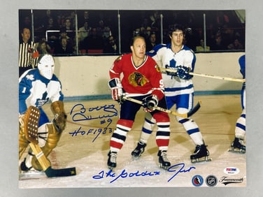 Bobby Hull Signed 11x14 Photo with Inscriptions and PSA COA