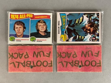 2 - 1975 Topps Football West Corps Cello Fun Packs with Tarkenton and Stabler on Front