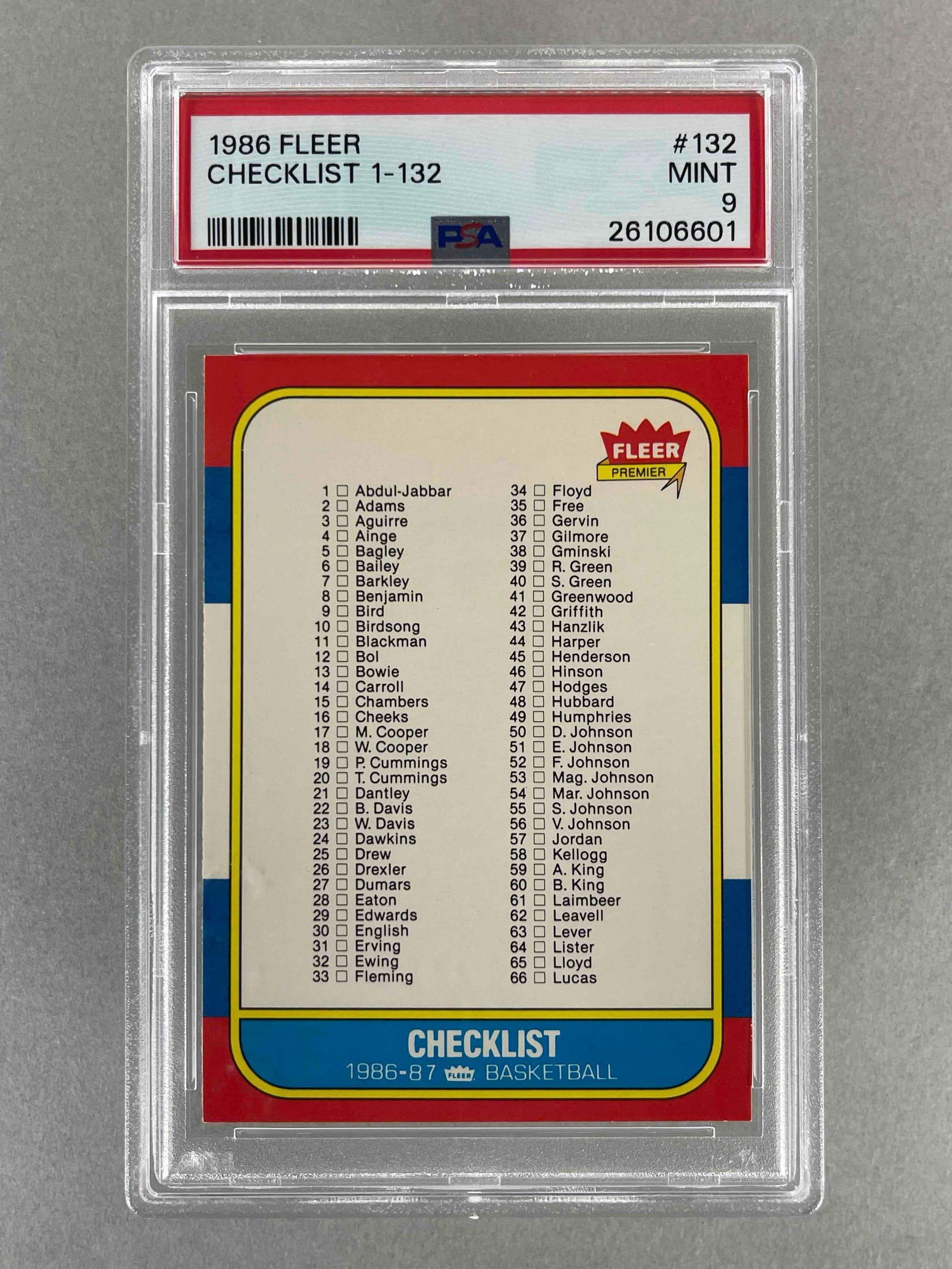1986 Fleer Checklist 1 - 132 #132 PSA 9 Set Break (1 of 2)