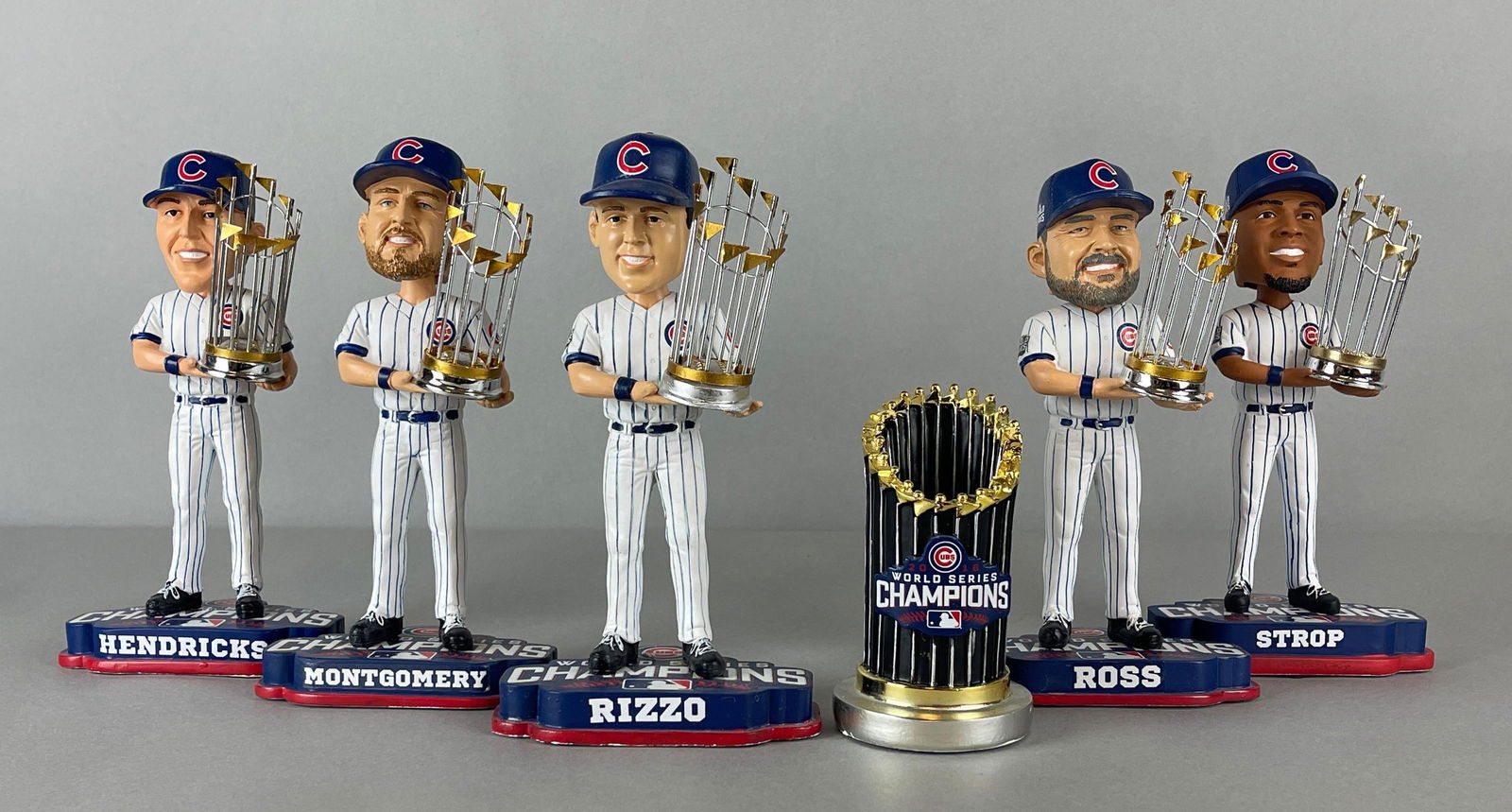 6 - 2016 Chicago Cubs World Series Champions FOCO Bobbleheads with Trophy (1 of 4)