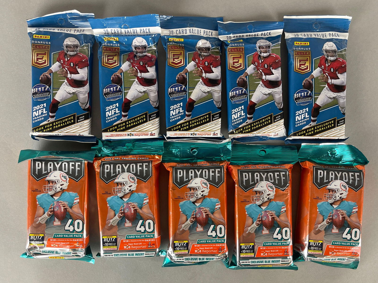5 - 2021 Donruss Elite Football Value Packs + 5 - 2021 Playoff Football 40 - Card Value Packs (1 of 3)