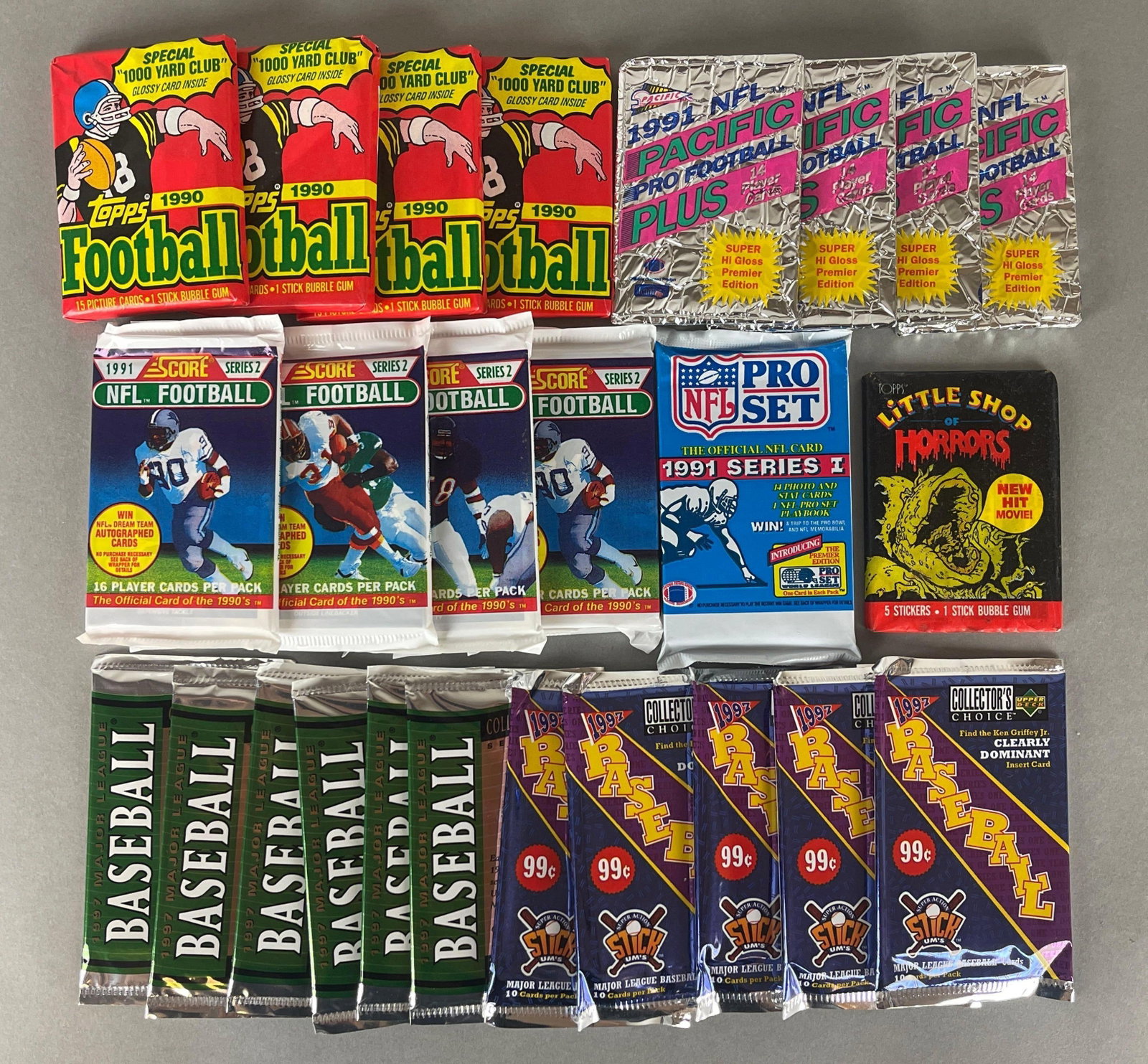 25 - 1990s Football and Baseball Unopened Packs: 1990 Topps Football, 1997 Collectors Choice and More