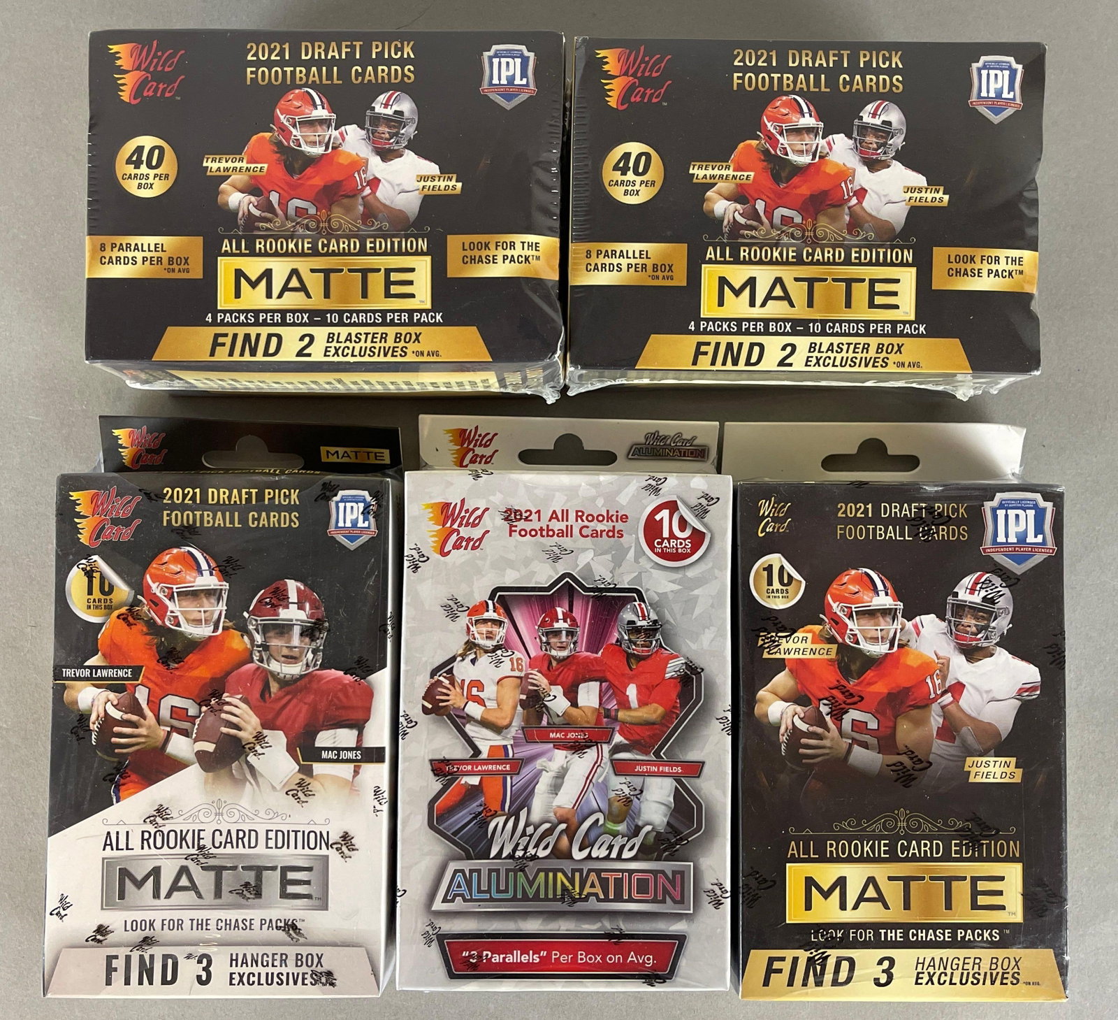 5 - 2021 Wild Card Football Hanger and Blaster Boxes: 2 - blaster boxes, 40 - card per box, 3 - hanger boxes, 10 - cards per box