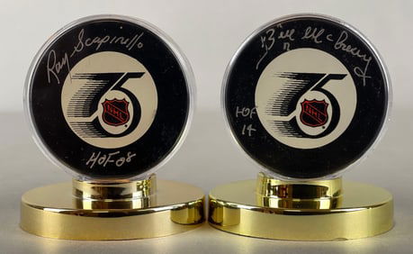Ray Scapinelo and Bill McCreary NHL HOF Referees Signed Pucks with COA