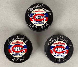 3 - Montreal Canadiens HOFs Signed Pucks with Inscriptions and COA