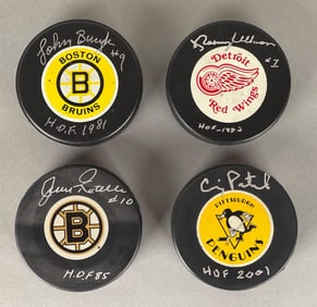 4 - 1960s - 70s Hockey HOFs Signed Pucks