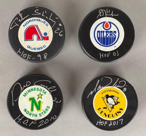 4 - 1980s Hockey HOFs Signed Pucks with COA