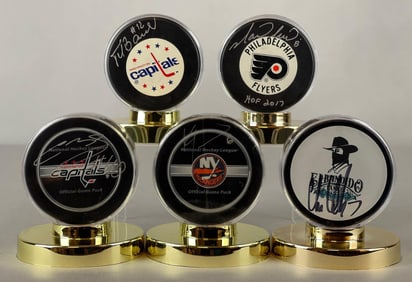 5 - 1980s - 2000s Hockey HOFs and Stars Signed Pucks