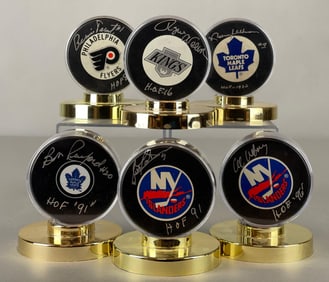 6 - 1960s - 70s Hockey HOFs Signed Pucks