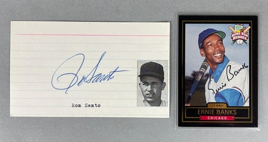 Ernie Banks Signed Card and Ron Santo Signed Index