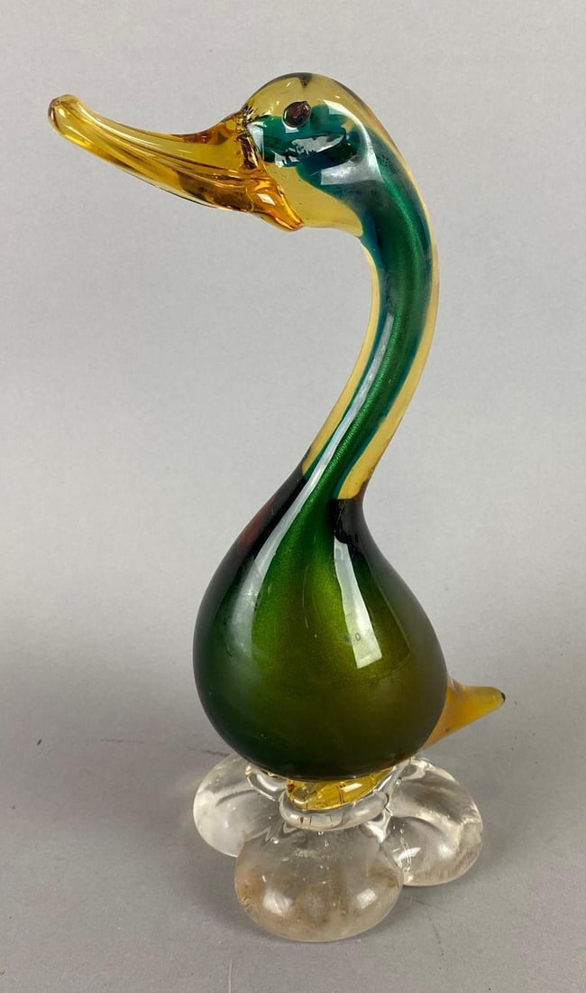 Murano Art Glass Duck Statue: Needs a good cleaning. Measures 9 1/2 x 3 1/2 x 4 1/2 inches.