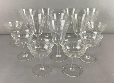 Group of 14 Etched Stem Glasses