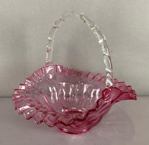 Fenton Cranberry Glass Ruffled and Ribbon Edge Basket