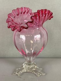 Vintage Cranberry Glass Ruffled and Ribbon Edge Footed Vase