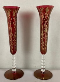 Group of 2 Ornate Red Flash Glass Bud Vases