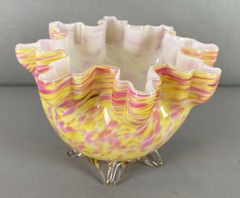 Multi Colored Ruffled and Ribbon Spatter Glass Footed Bowl