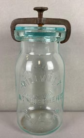 Antique Aqua Fruit Jar with Primitive Metal Seal