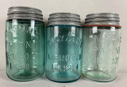 Group of 3 Antique Aqua Mason Jars