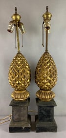 Group of 2 Antique Wood and Cement Acorn Table Lamps
