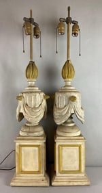 Group of 2 Antique Draping Flame Wooden Table Lamps