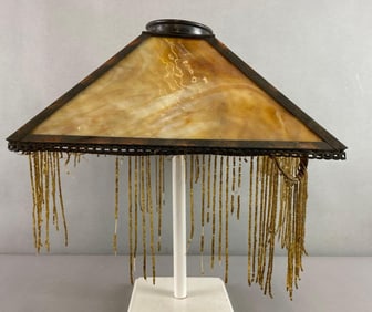 Antique Brass Beaded Amber Slag Glass Lamp Shade