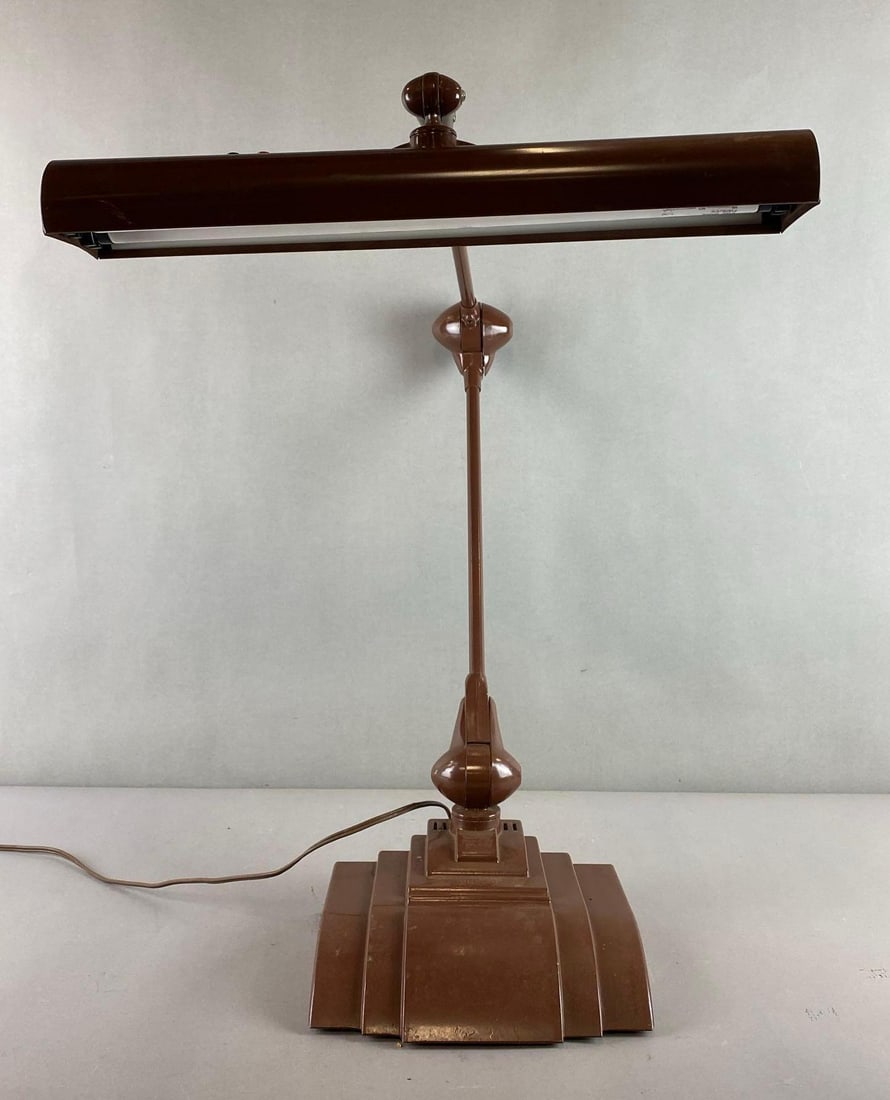 Antique Flexco Art Deco Metal Drafting Desk Light: In working condition. Hinge is uneven when folded down. Has some scuffs. Needs to be cleaned. Measures 23 x 18 x 7 1/2 inches.
