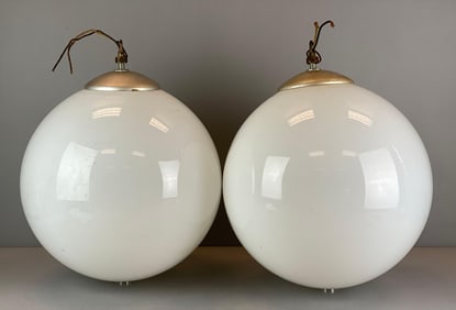 Group of 2 Vintage White Sphere Glass Ceiling Light Fixtures