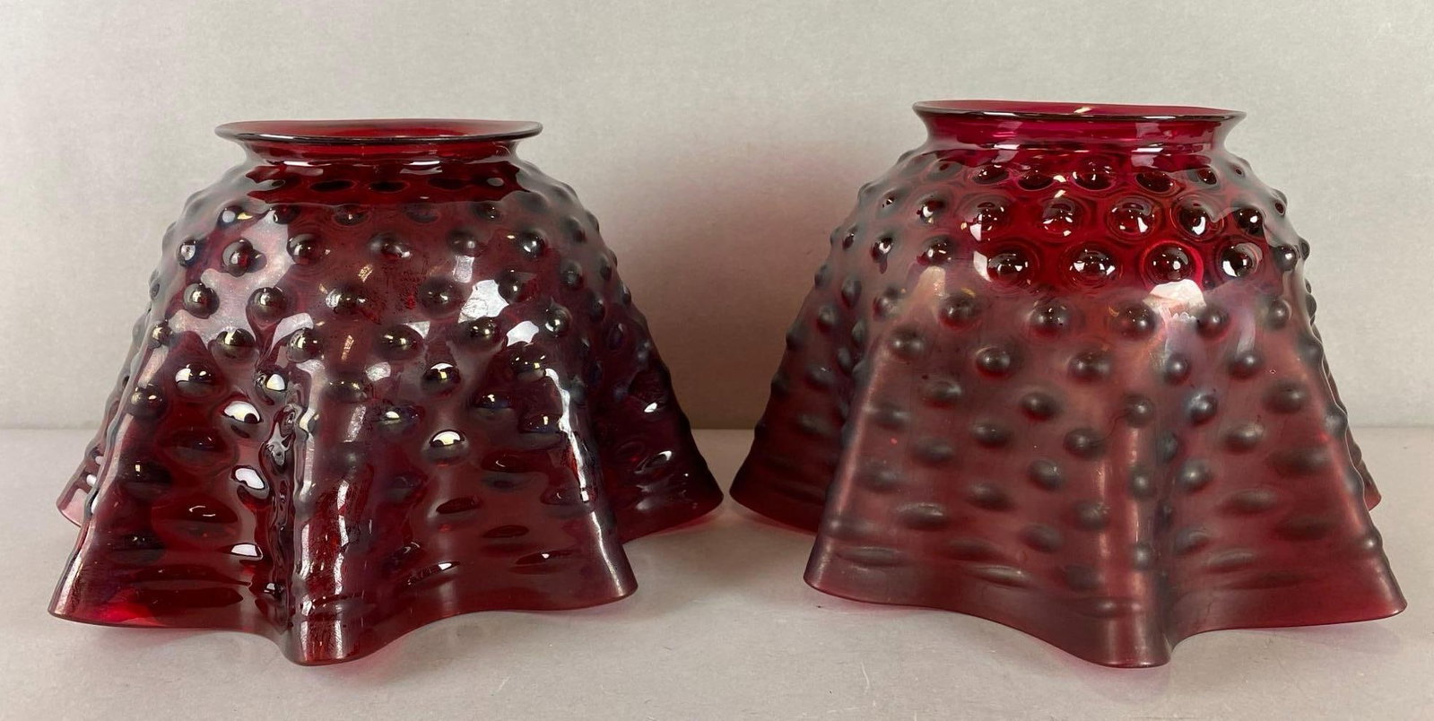 Group of 2 Ruffled Cranberry Coin Dot Glass Lamp Shades: They both need a good cleaning. Fitting measures 3 3/4 inches. Shade measures 5 1/2 x 9 x 9 inches.