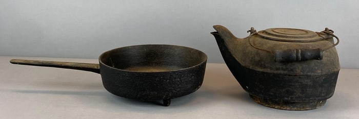 Group of 2 Cast Iron Pan and Kettle