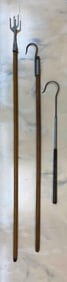 Group of Antique Wood Handle Fishing Gaffs and Frog Gigger