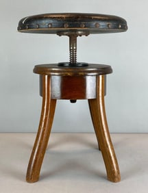 Antique Wood and Leather Adjustable Stool
