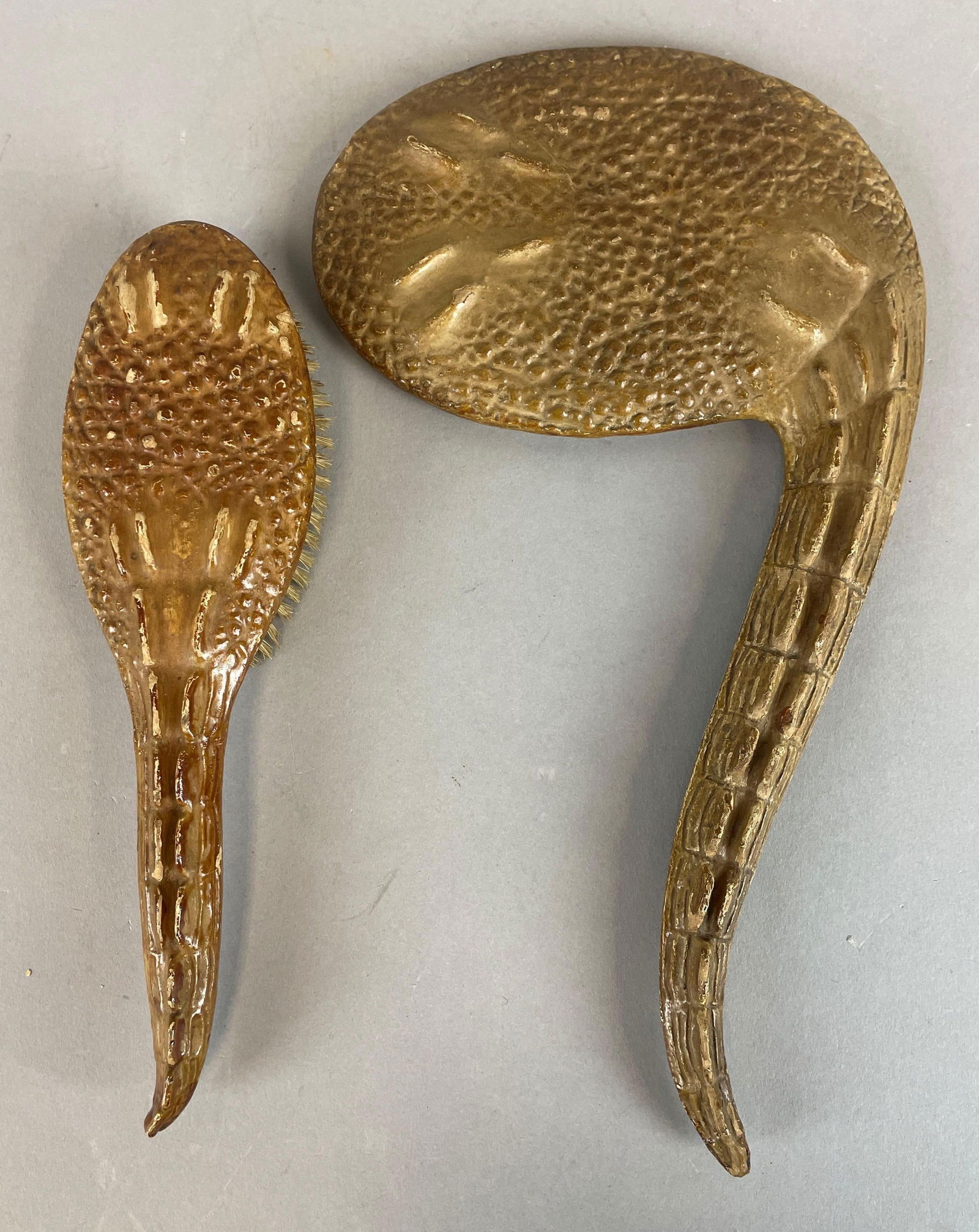 Antique Reptile Skin Hand Mirror and Brush: Mirror measures 12 1/2 x 7 1/4 inches