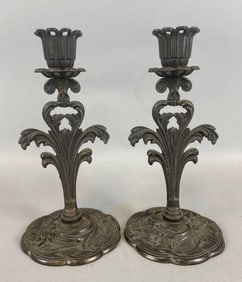Pair of Antique FM Co. Metal Candlesticks
