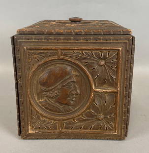 Antique Carved Wood Figural Humidor: Some panels loose, nails pulling out. Measures 7 x 6 3/4 x 6 3/4 inches