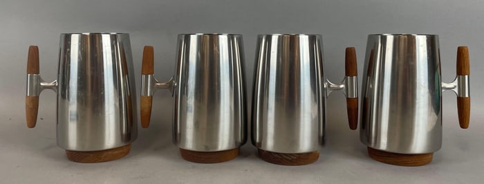 Set of 4 Vintage MCM Arthur Salm Stainless Steel and Teak Beer Mugs
