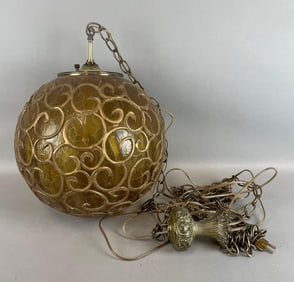 Vintage Brass and Amber Slag Glass Globe Lamp Fixture
