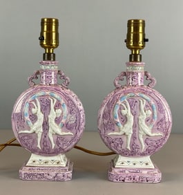 Group or 2 Hand Painted Porcelain Dancing Ladies Table Lamps