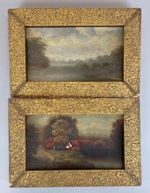 Group of 2 Antique Riverside Oil On Board Paintings