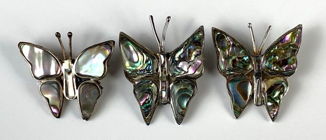 Group of 3 Sterling Silver Mother of Pearl Butterfly Brooches