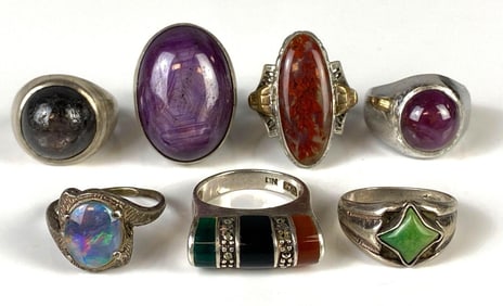 Group of 7 Sterling Silver Hardstone Rings