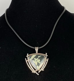Sterling Silver Chinese Writing Stone Necklace Pendant with Rubberized Necklace
