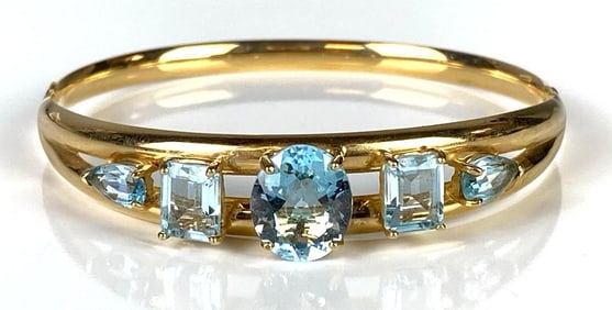 14K Gold Blue Topaz Hollow Bangle Bracelet
