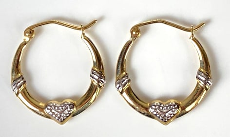 Pair of 10K Gold And White Gold Heart Hoop Earrings