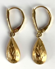 Pair of 14K Gold Etched Drop Earrings