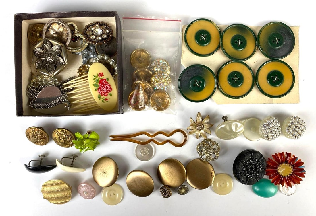 Group of Buttons and More: Includes buttons, hair comb pins, and more, largest button measures 1 1/2 inches across.