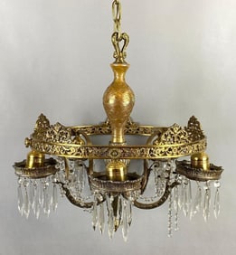 Antique Brass Chandelier with Gold Aurene Threaded Glass Centrpiece