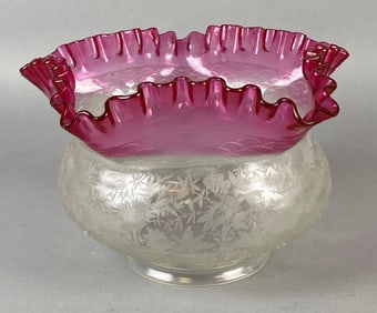 Clear Etched Glass Shade with Cranberry Ruffle Ribbon Rim