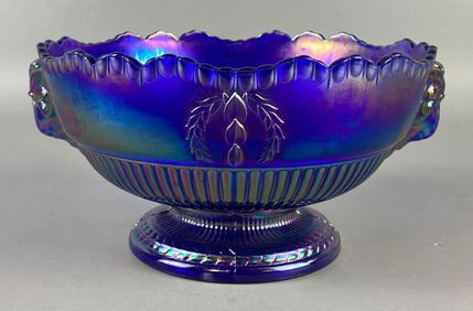 Imperial Glass Cobalt Blue Iridescent Pedestal Bowl