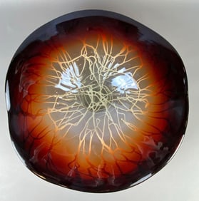 Lege Red/Orange Webbed Art Glass Shallow Pedestal Bowl