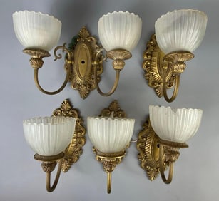 Group of Cast Metal Sconces with Ribbed Frosted Glass Shades